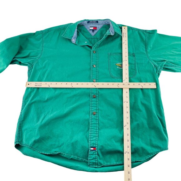 Vintage Tommy Jeans HIlfiger XL Green Denim Button-Up Shirt Mens Long Sleeves - Picture 3 of 4